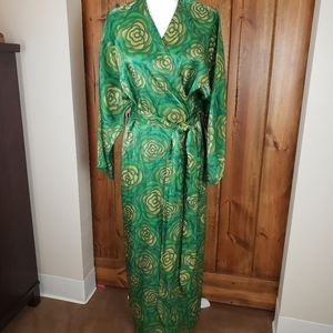 Natori Green Floral Long Satin Robe w/ Long Sash